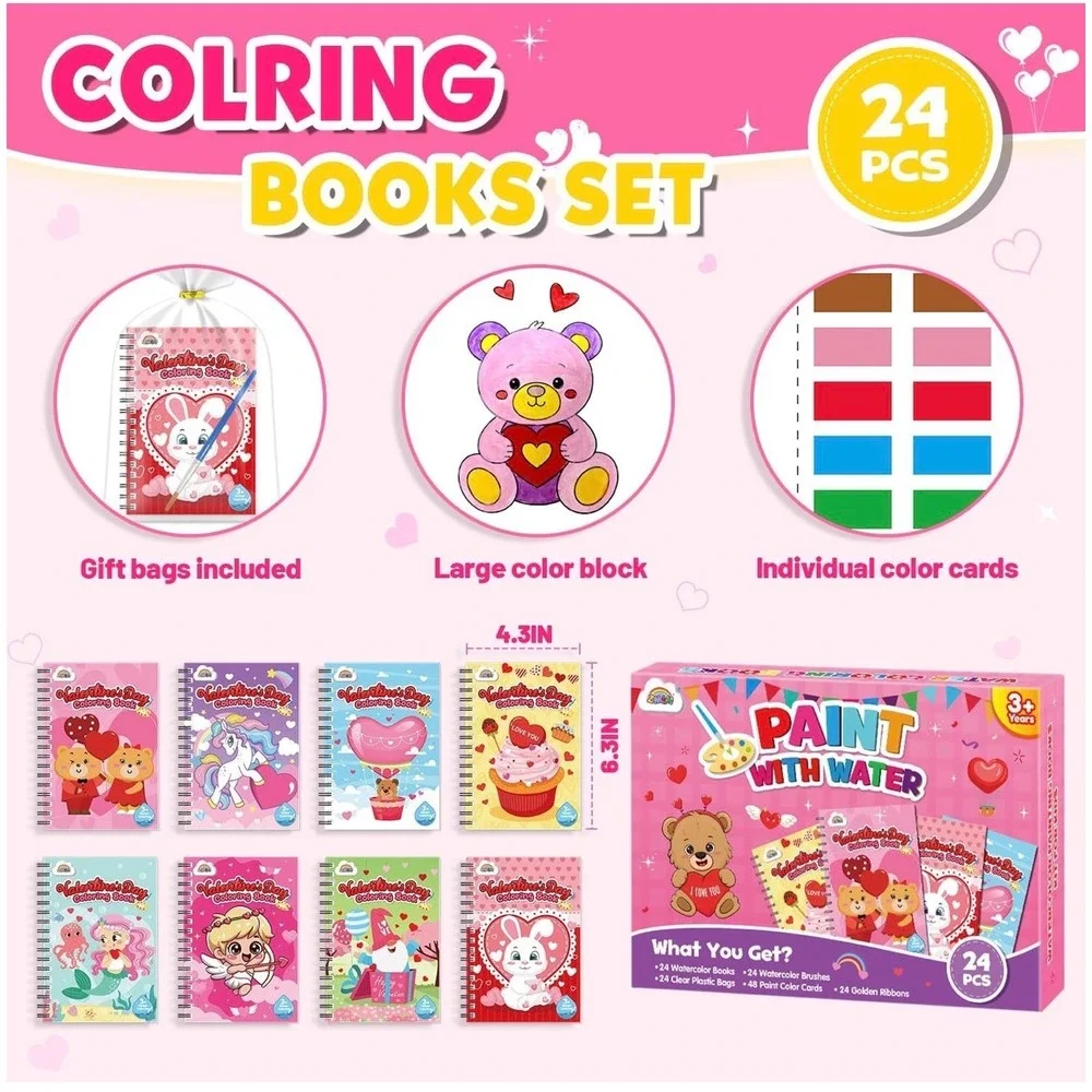 Paint With Water Kids 24 Pack Pink New Valentines Day Coloring Book Set